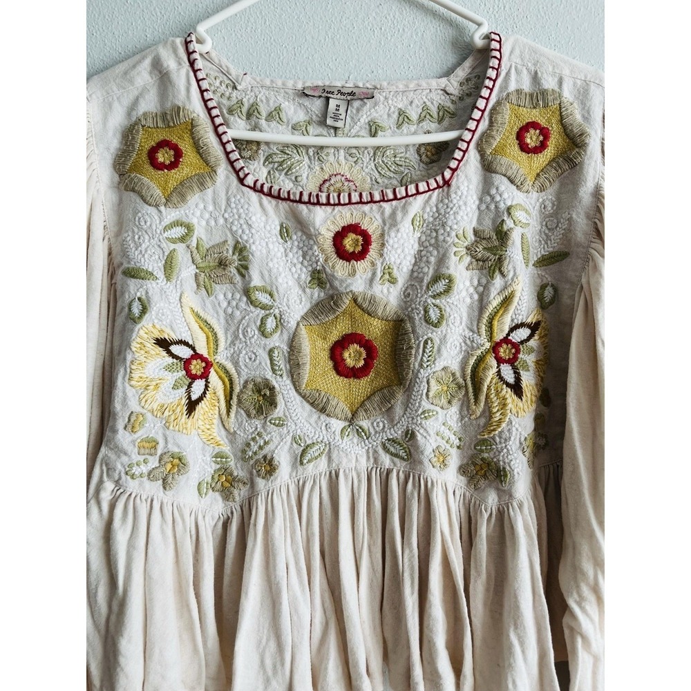 Free People Blouse Womens Medium White Embroidered Floral Long Sleeve Boho Top - Picture 2 of 4